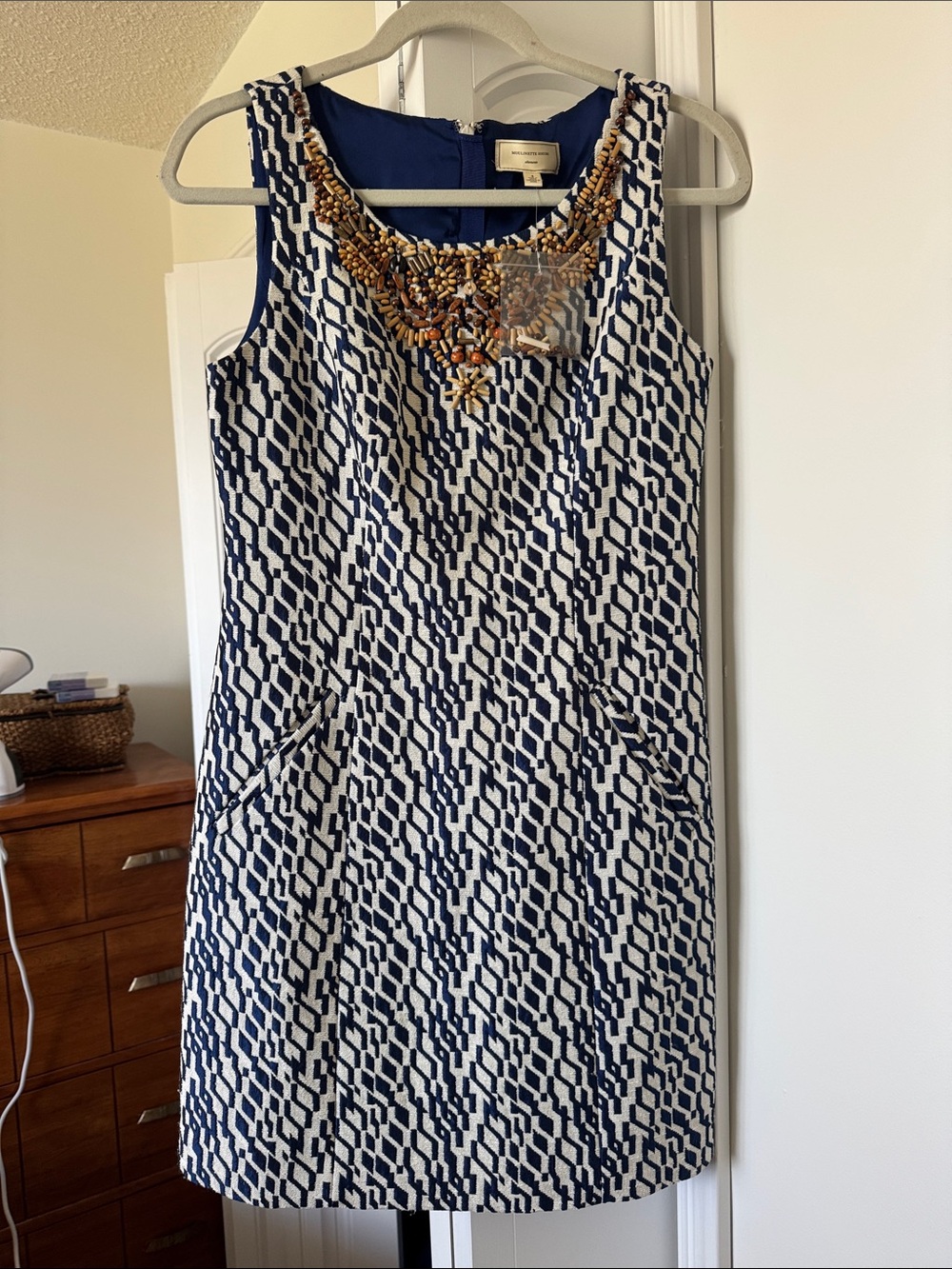 Moulinette Soeurs Navy & White Geometric Beaded-Neckline Shift Dress
